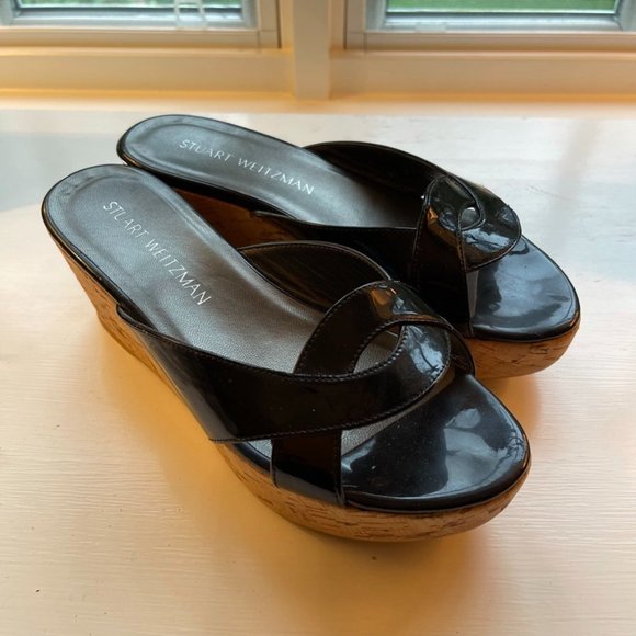 Stuart Weitzman Platform Wedge Black Patent Sandals Sz. 36.5